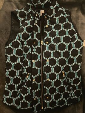 Crown & Ivy Quilted Vest - Navy with Teal/Turquoise Geometric Print w/Gold Acc.